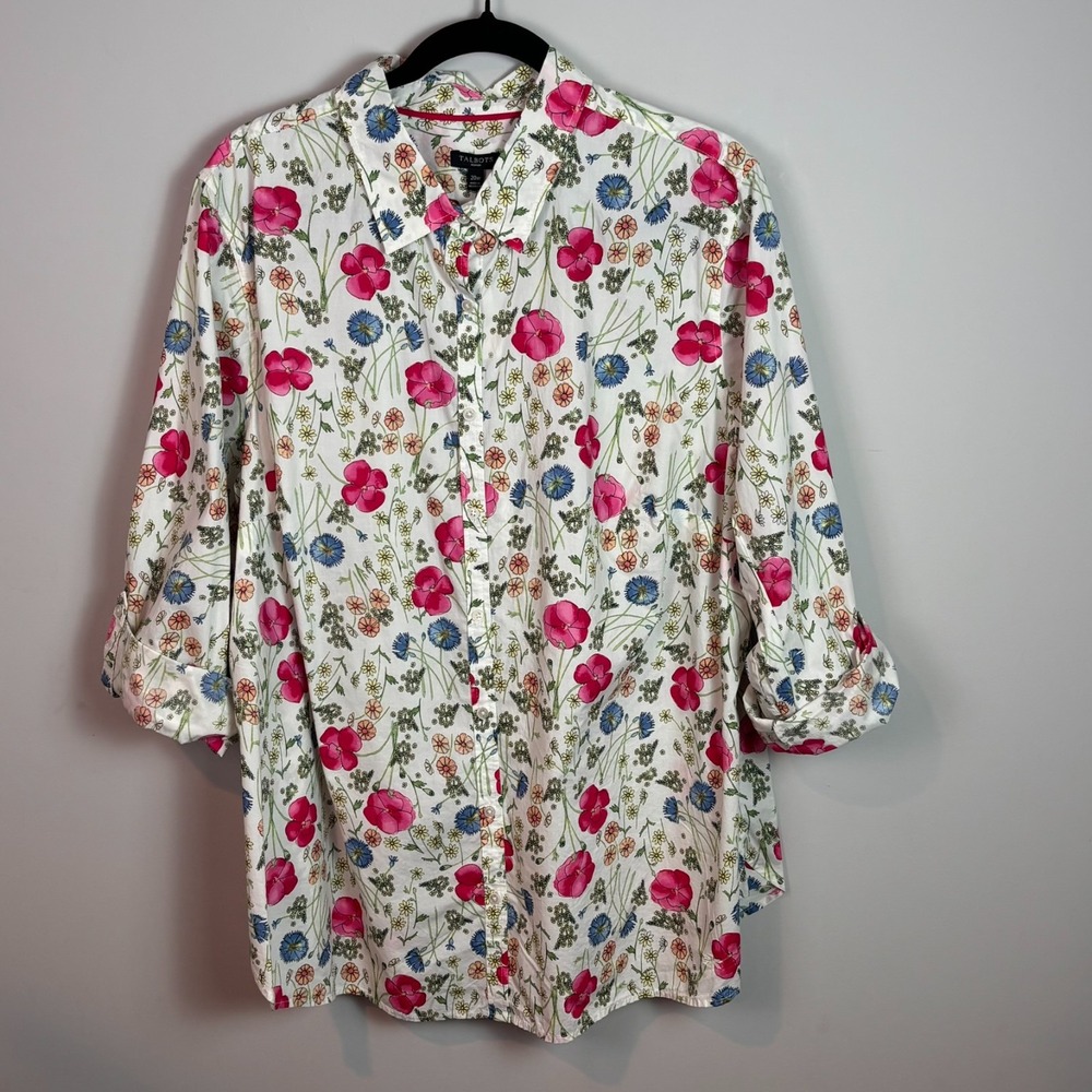 NWT Talbots Womens 100% Cotton Button up Half Sleeve Pink Floral top sz 20W NEW!